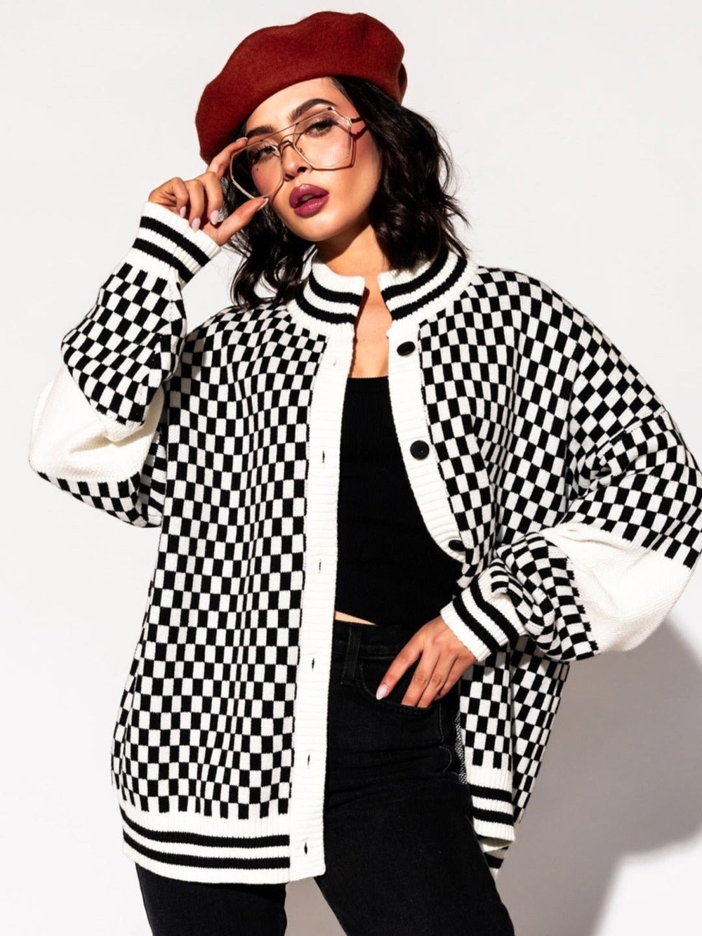 Dressed in LALA Get What I Want Grandpa Checkered Cardigan in Black + White